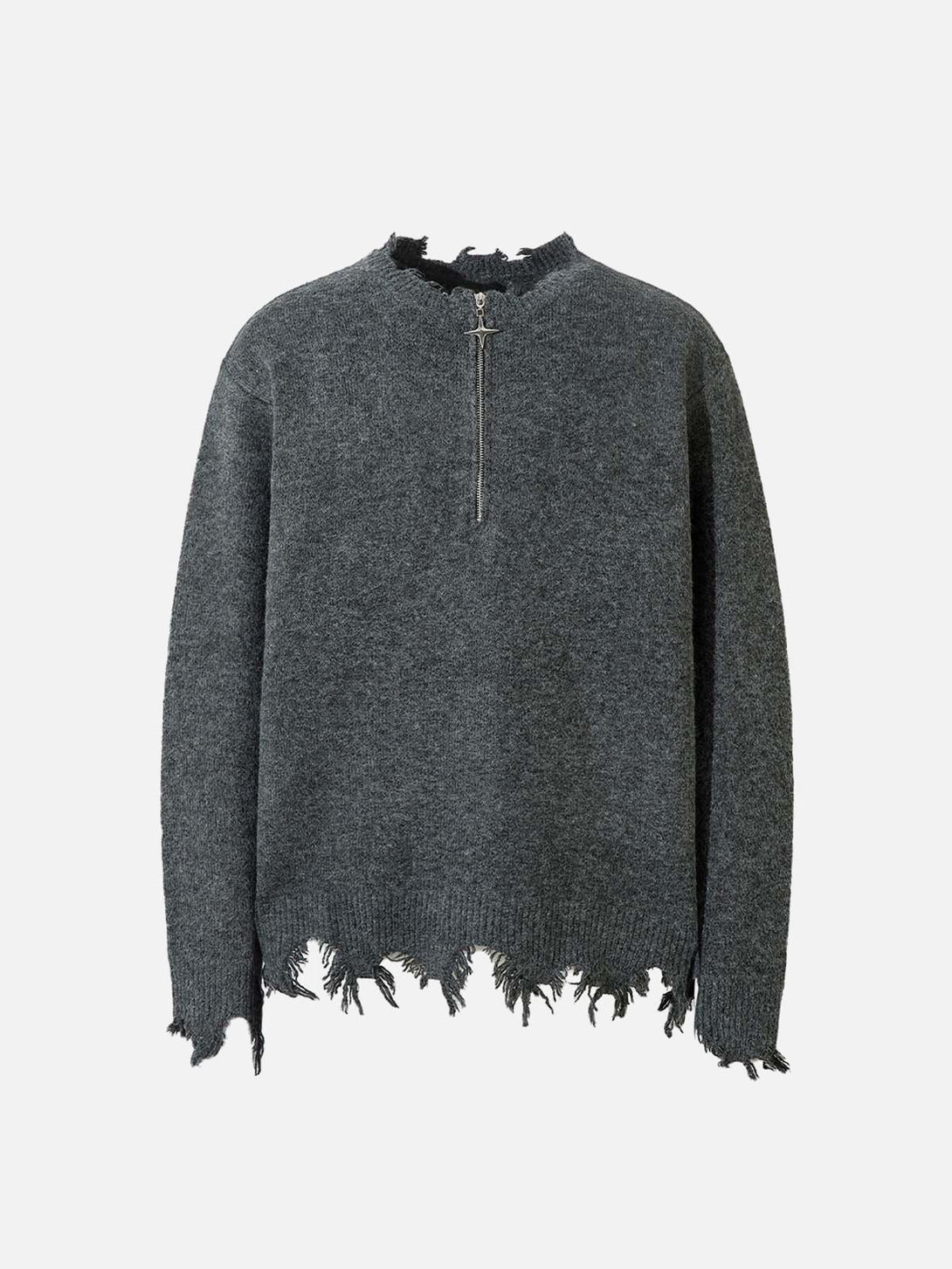 Front view of a gray distressed quarter zip sweater by TALISHKO, perfect for casual style.