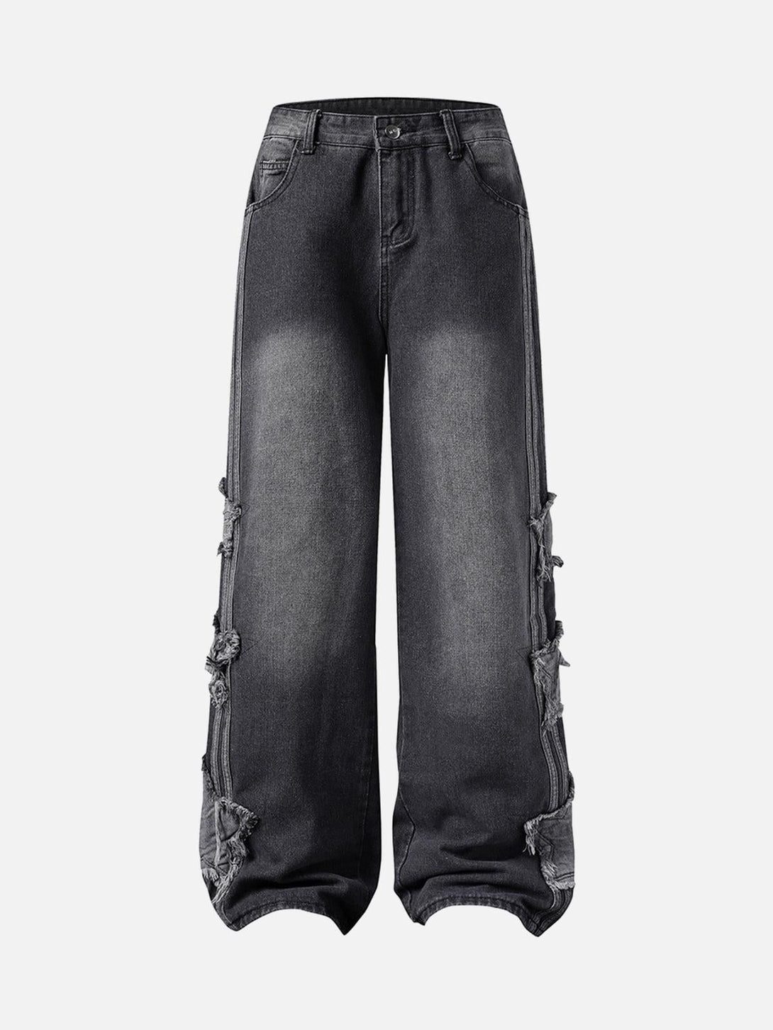 Front view of black baggy jeans by TALISHKO, featuring raw edge and distressed details.