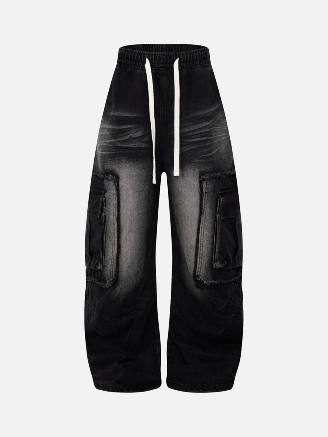 Front view of black distressed barrel jeans with drawstring by TALISHKO, featuring raw edges.