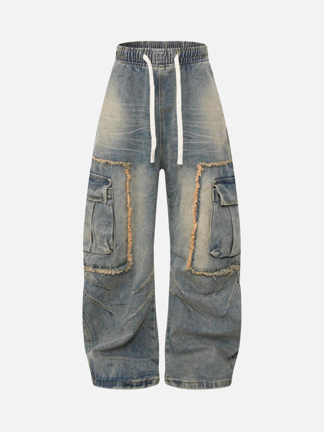 Front view of dark blue distressed cargo jeans by TALISHKO, featuring raw edge details.