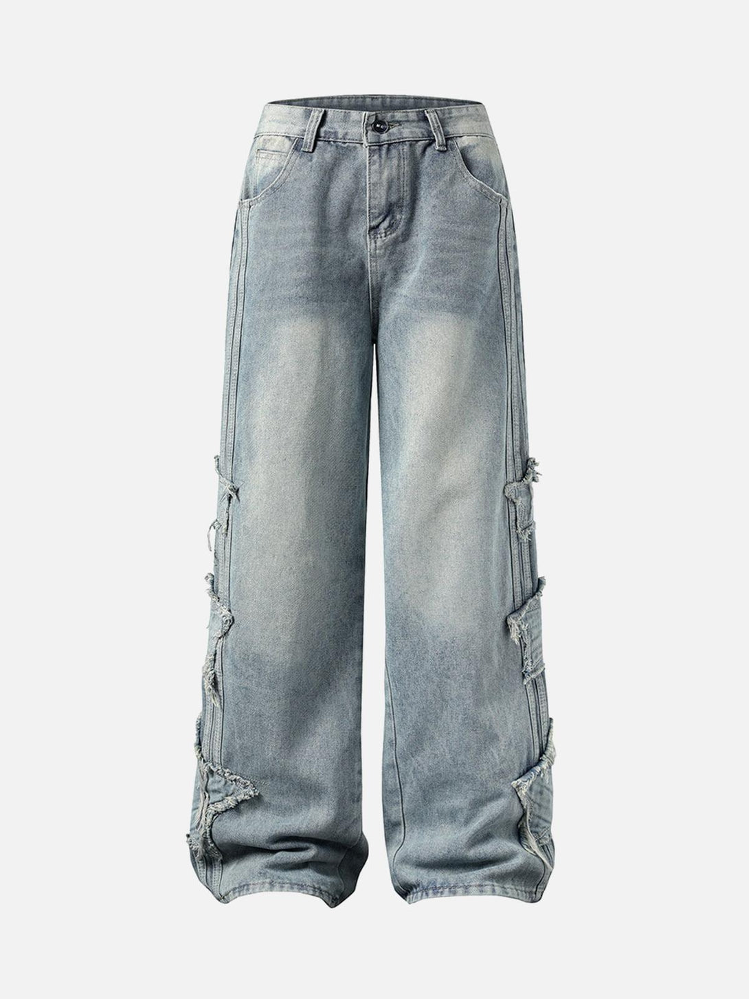 Front view of light blue distressed baggy jeans by TALISHKO, featuring raw edge details.