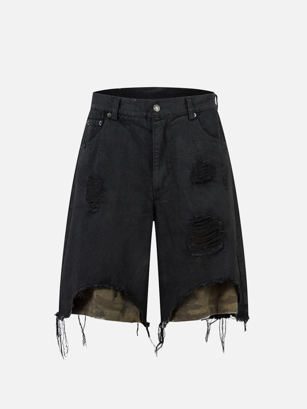 Front view of TALISHKO distressed black denim shorts with ripped details and frayed hem.