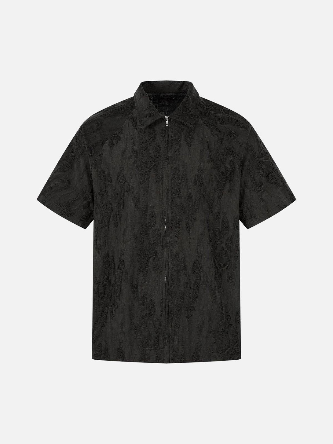 Front view of a black short sleeve shirt by TALISHKO, featuring a textured, distressed design.