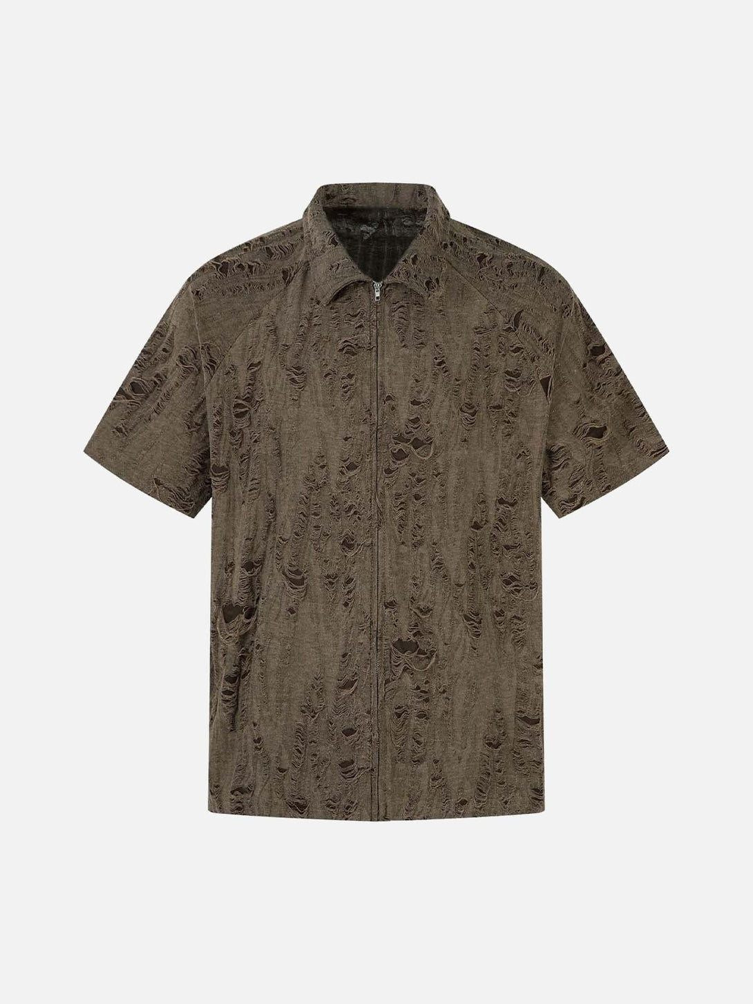 Front view of a coffee-colored short sleeve shirt by TALISHKO, featuring a distressed texture.
