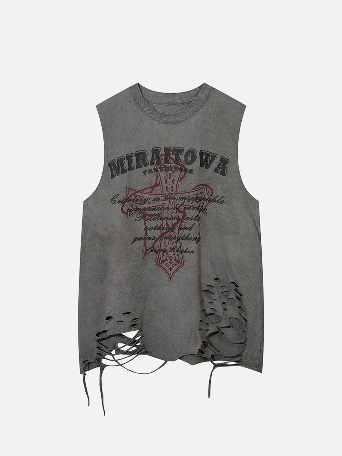Front view of a gray distressed vest with ripped details and a graphic cross print by TALISHKO.
