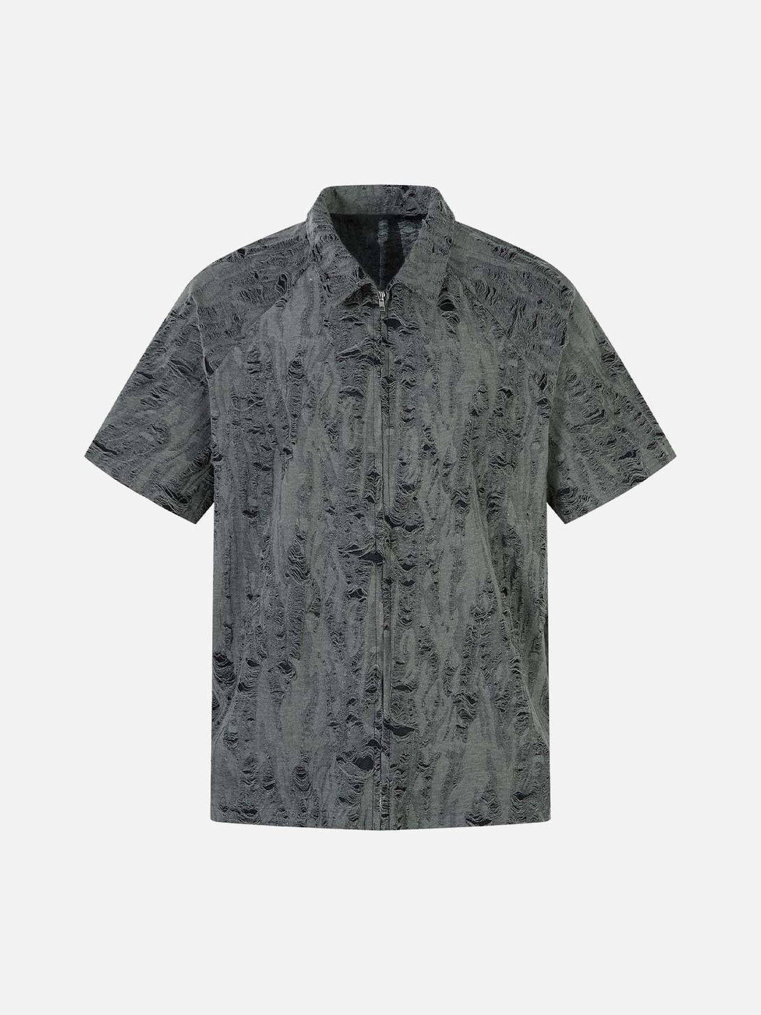 Gray distressed short sleeve shirt by TALISHKO, showcasing a unique textured pattern.