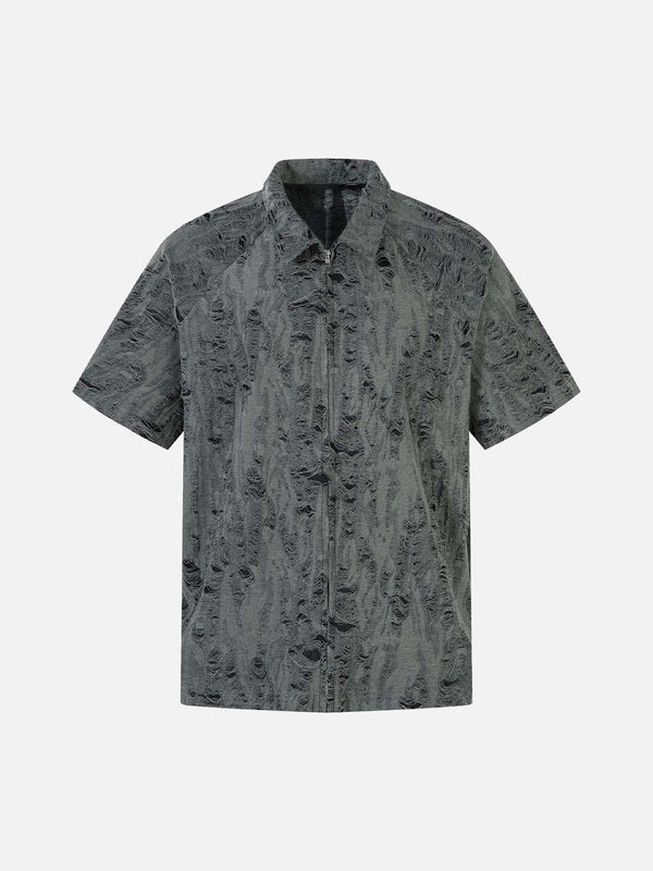 Gray distressed short sleeve shirt by TALISHKO, showcasing a unique textured pattern.