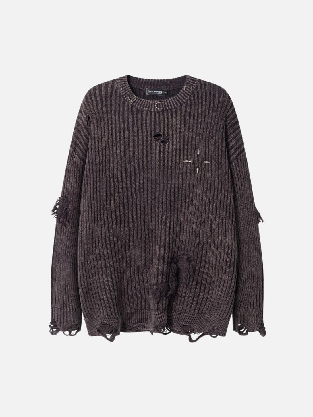 Front view of a black distressed sweater with ripped details and rivets by TALISHKO.