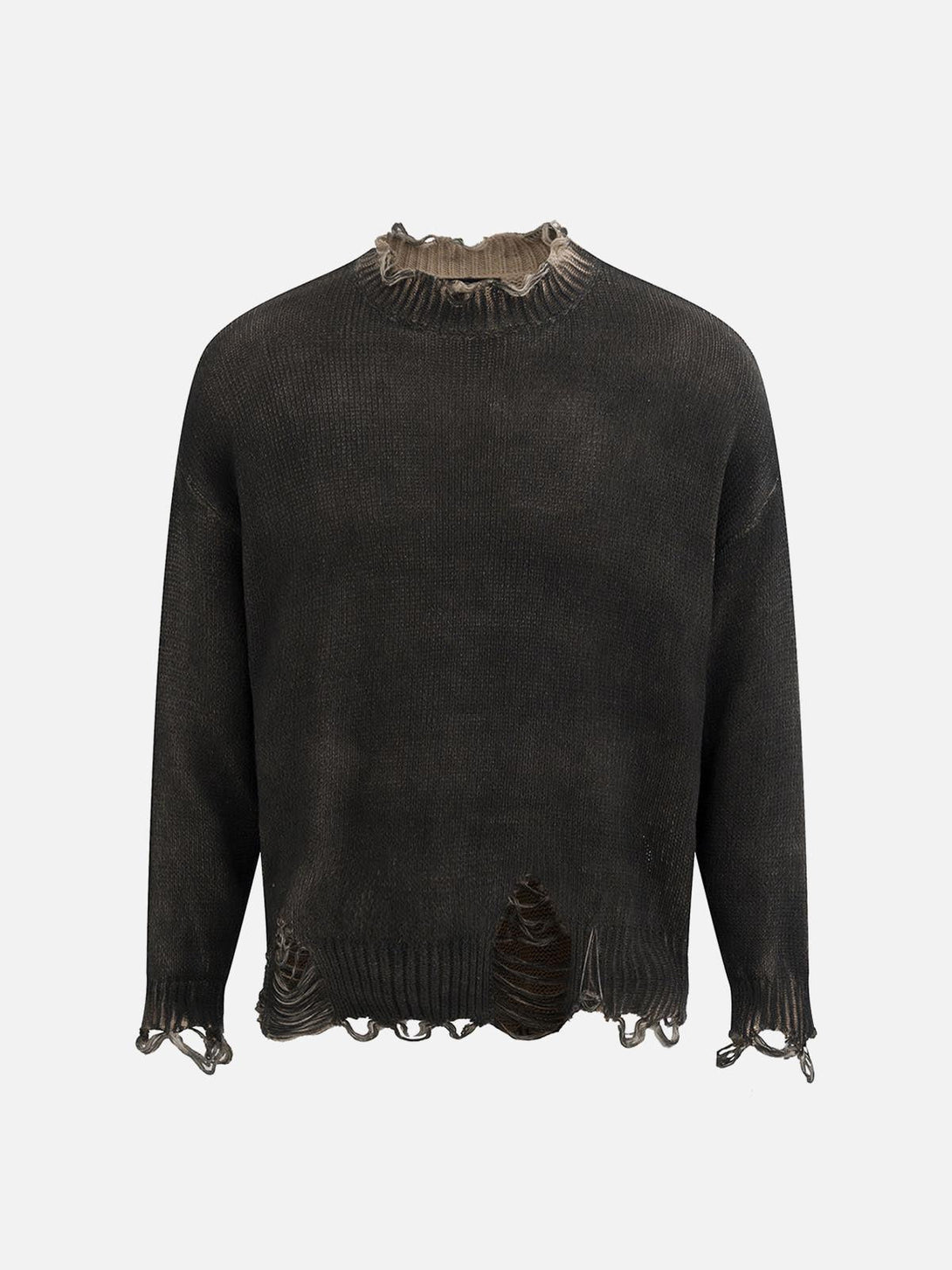 Front view of a black distressed oversized pullover sweater by TALISHKO, featuring a ripped design.