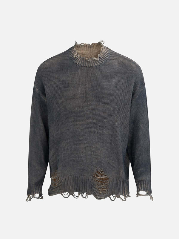 Front view of a blue distressed oversized pullover sweater by TALISHKO, featuring a ripped design.