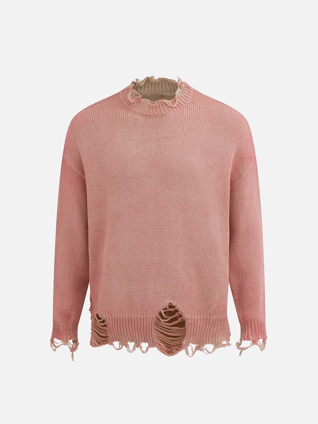 Front view of a pink distressed oversized pullover sweater by TALISHKO, featuring a ripped design.