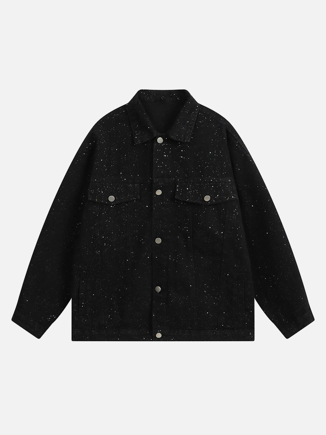 Front view of a black distressed denim jacket with sequins by TALISHKO, perfect for edgy style.