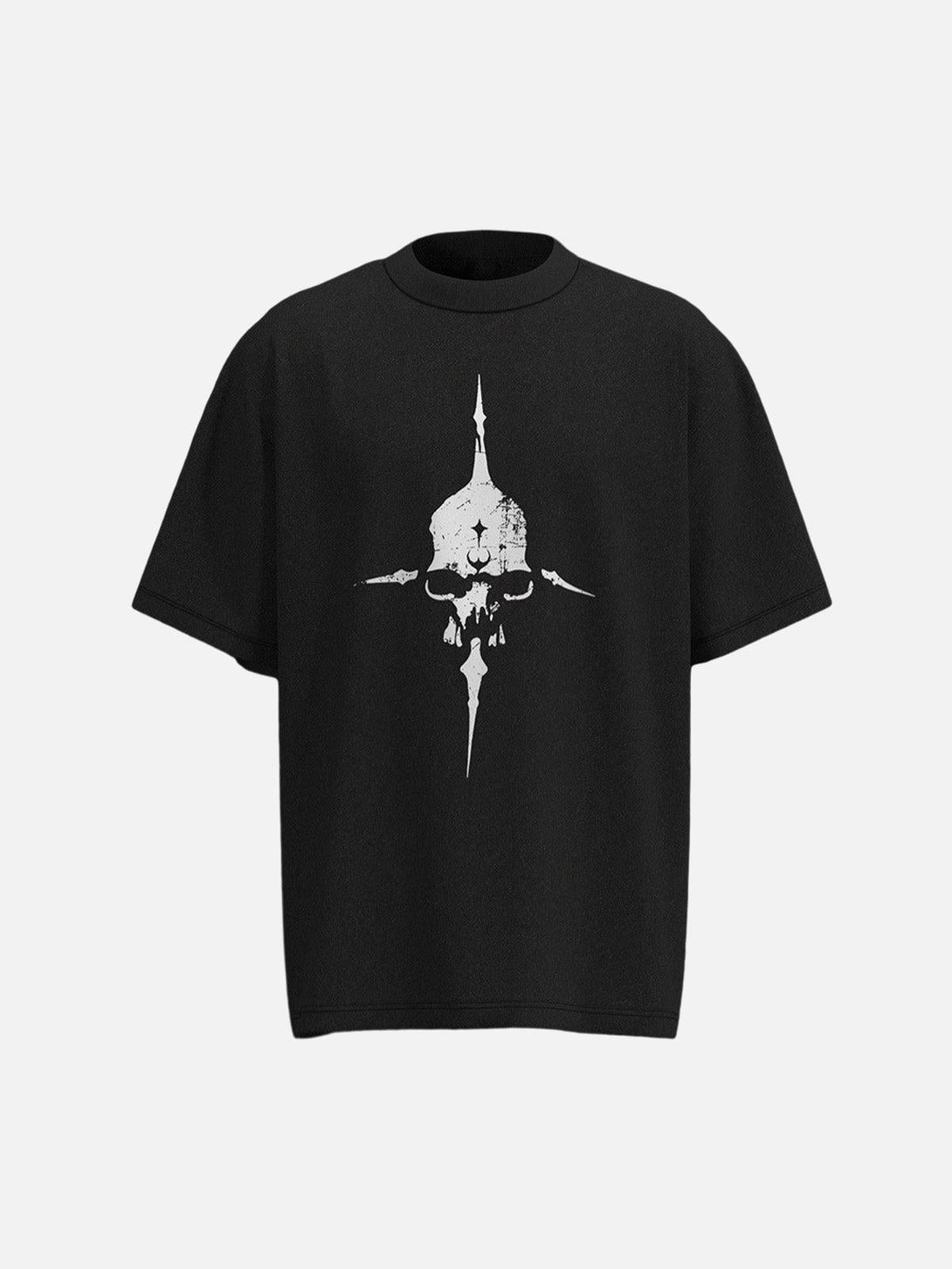 Black graphic T-shirt with a skull and cross design by TALISHKO, front view.
