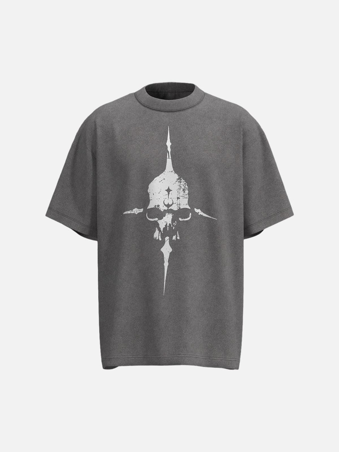 Gray graphic T-shirt with a distressed skull design by TALISHKO, front view.