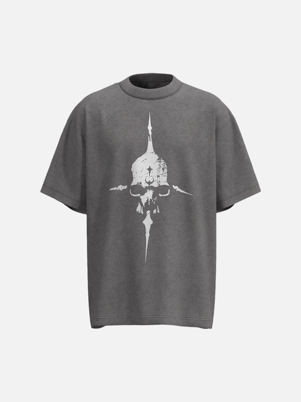 Gray graphic T-shirt with a distressed skull design by TALISHKO, front view.