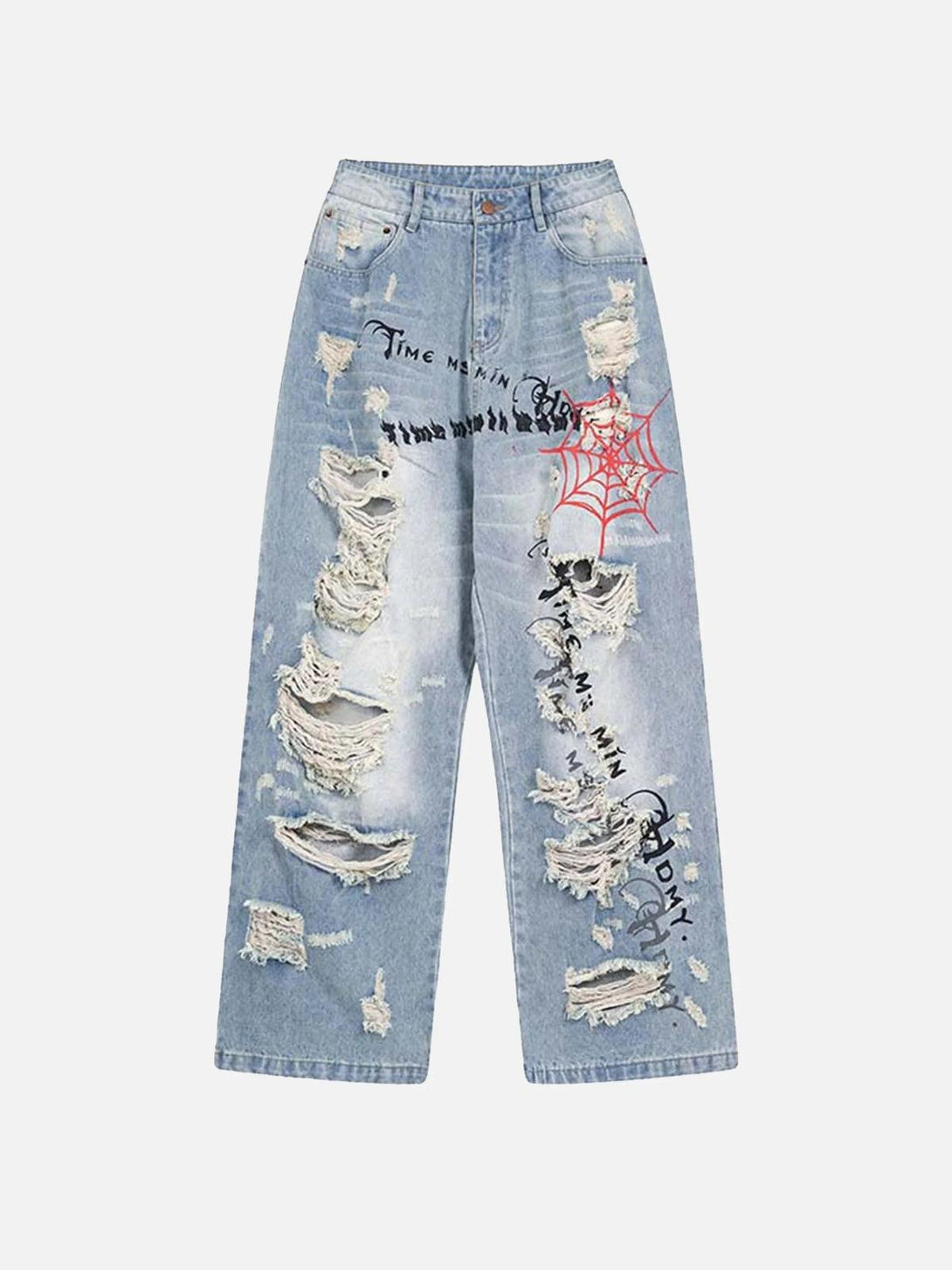 Front view of blue distressed jeans with spider web and letter print by TALISHKO, showcasing edgy style.