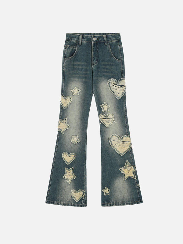 Front view of blue distressed jeans with heart and star patches, by TALISHKO.