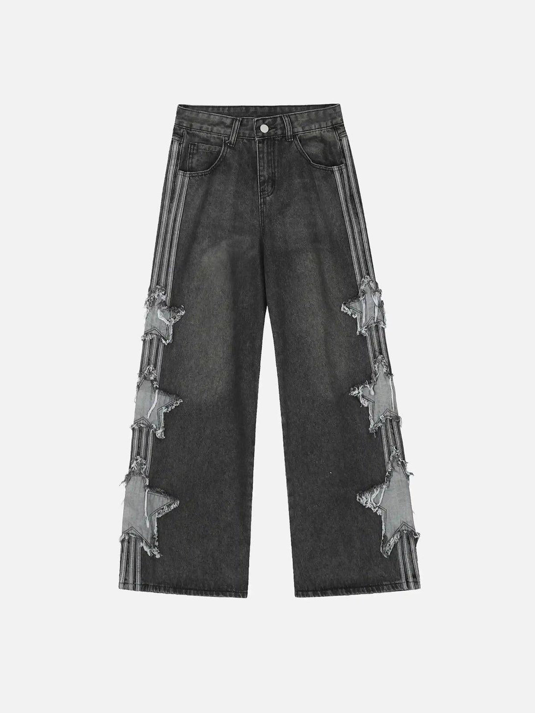 Front view of black distressed star patch jeans by TALISHKO, highlighting bold street style.