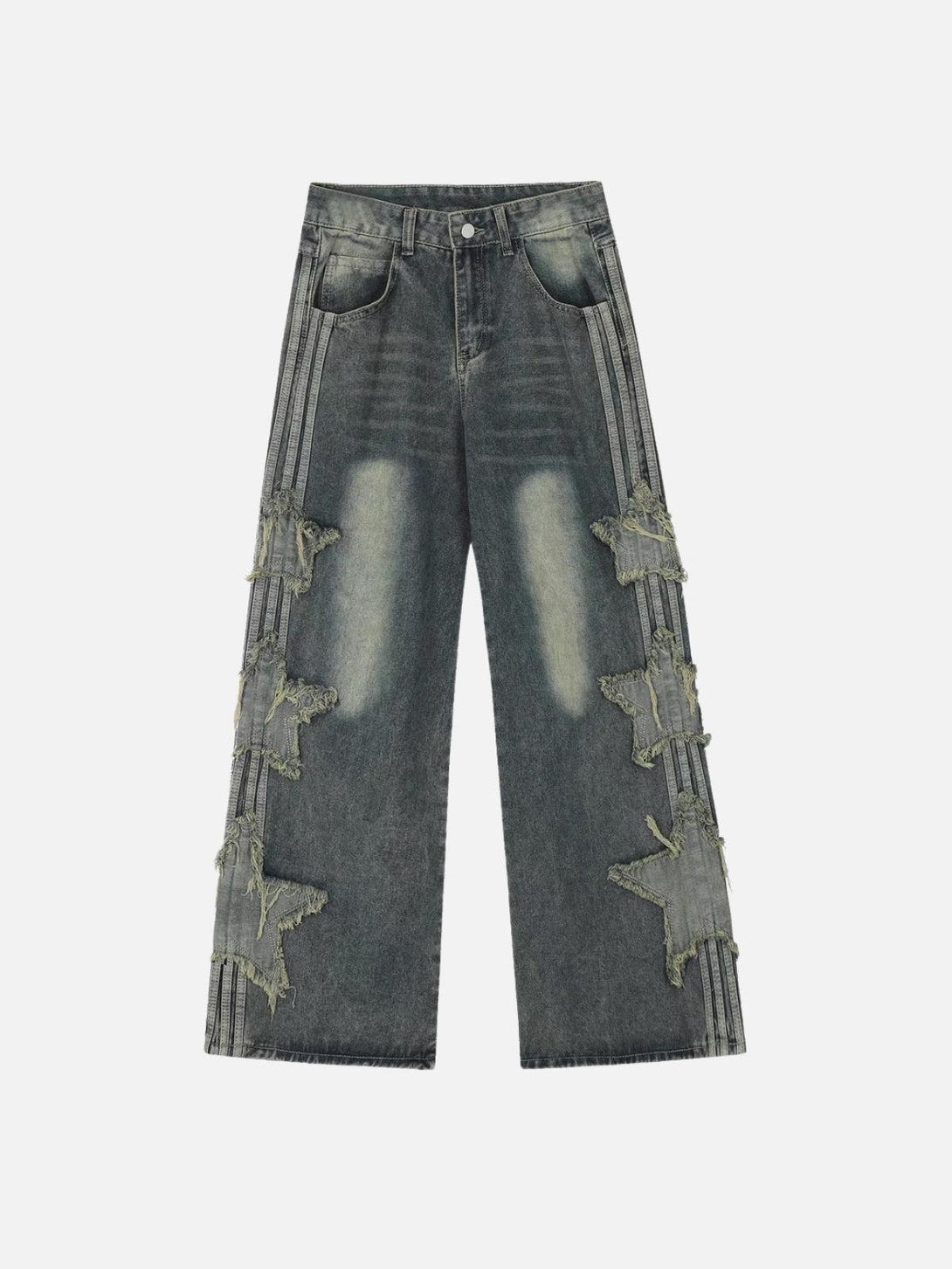 TALISHKO distressed star patch jeans in blue, front view showcasing edgy street style.