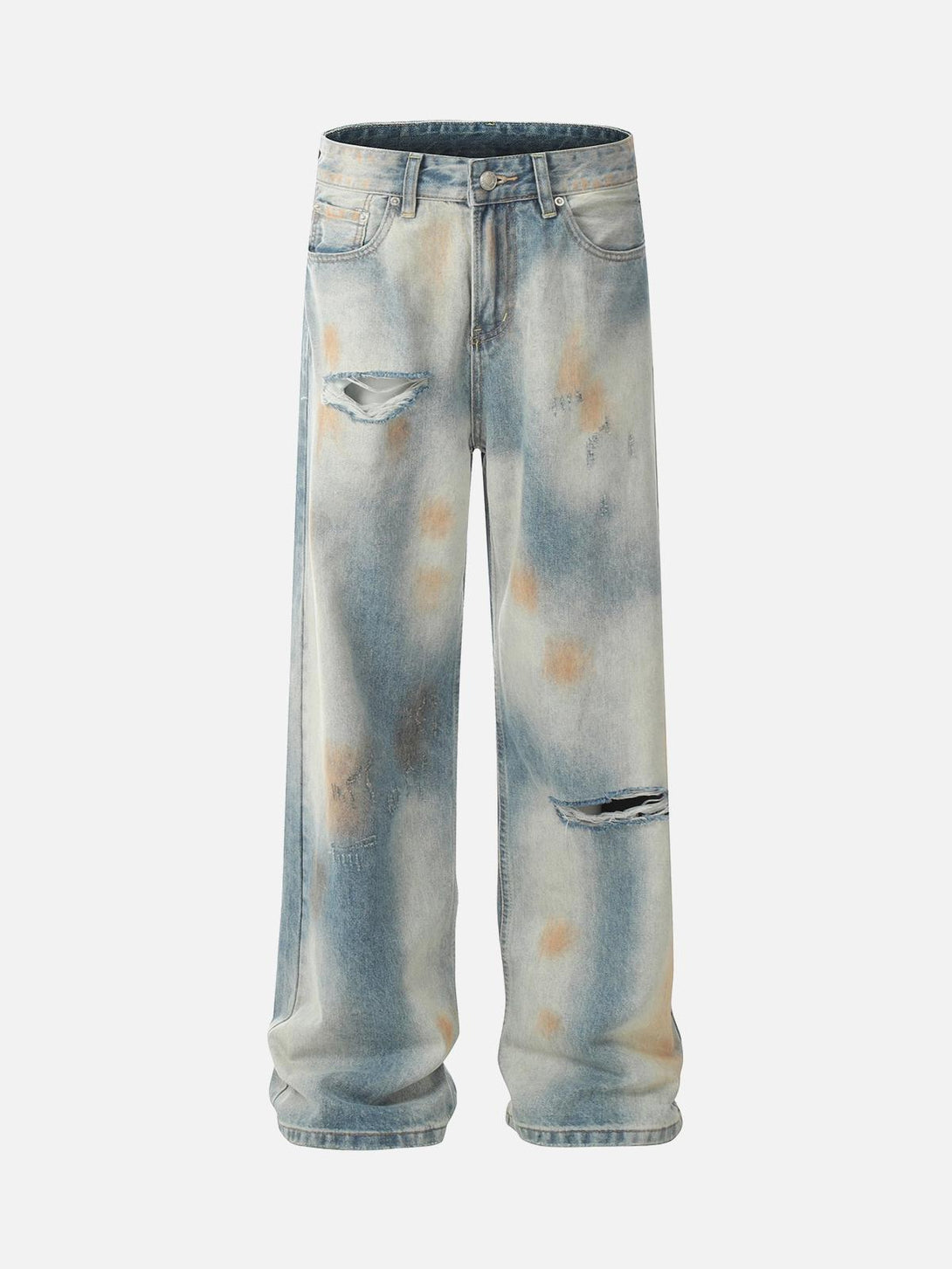 Front view of blue distressed hip-hop jeans by TALISHKO with a relaxed, street-style fit.