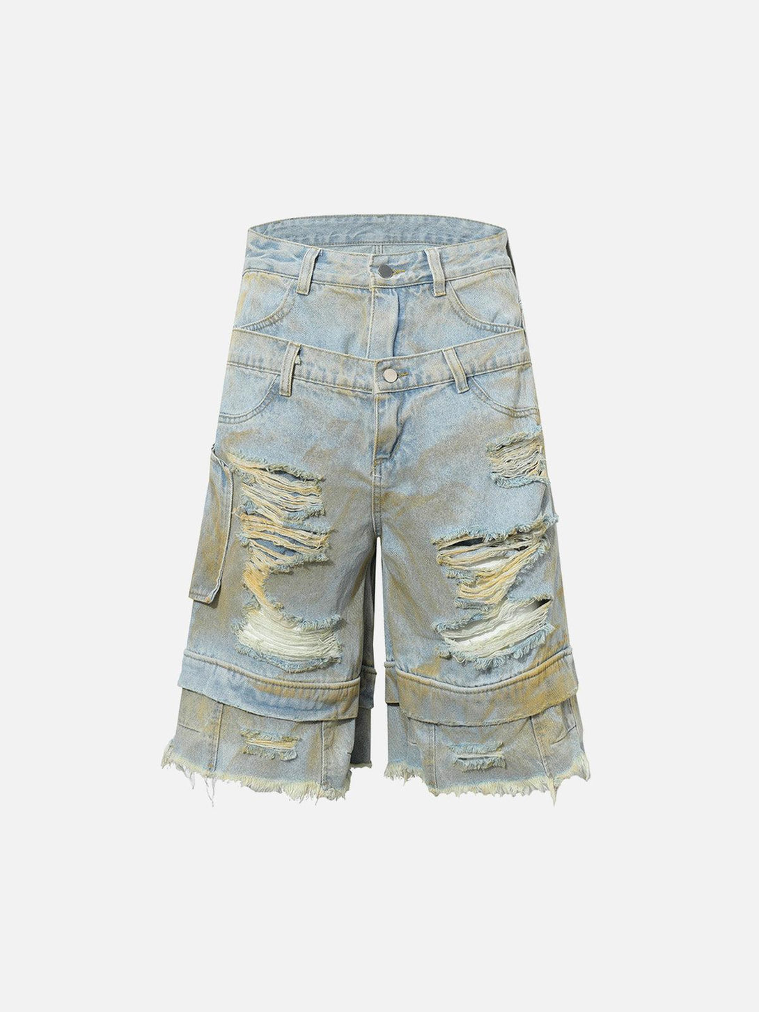 Front view of TALISHKO distressed tie-dye denim shorts in blue, showcasing a rugged summer style.