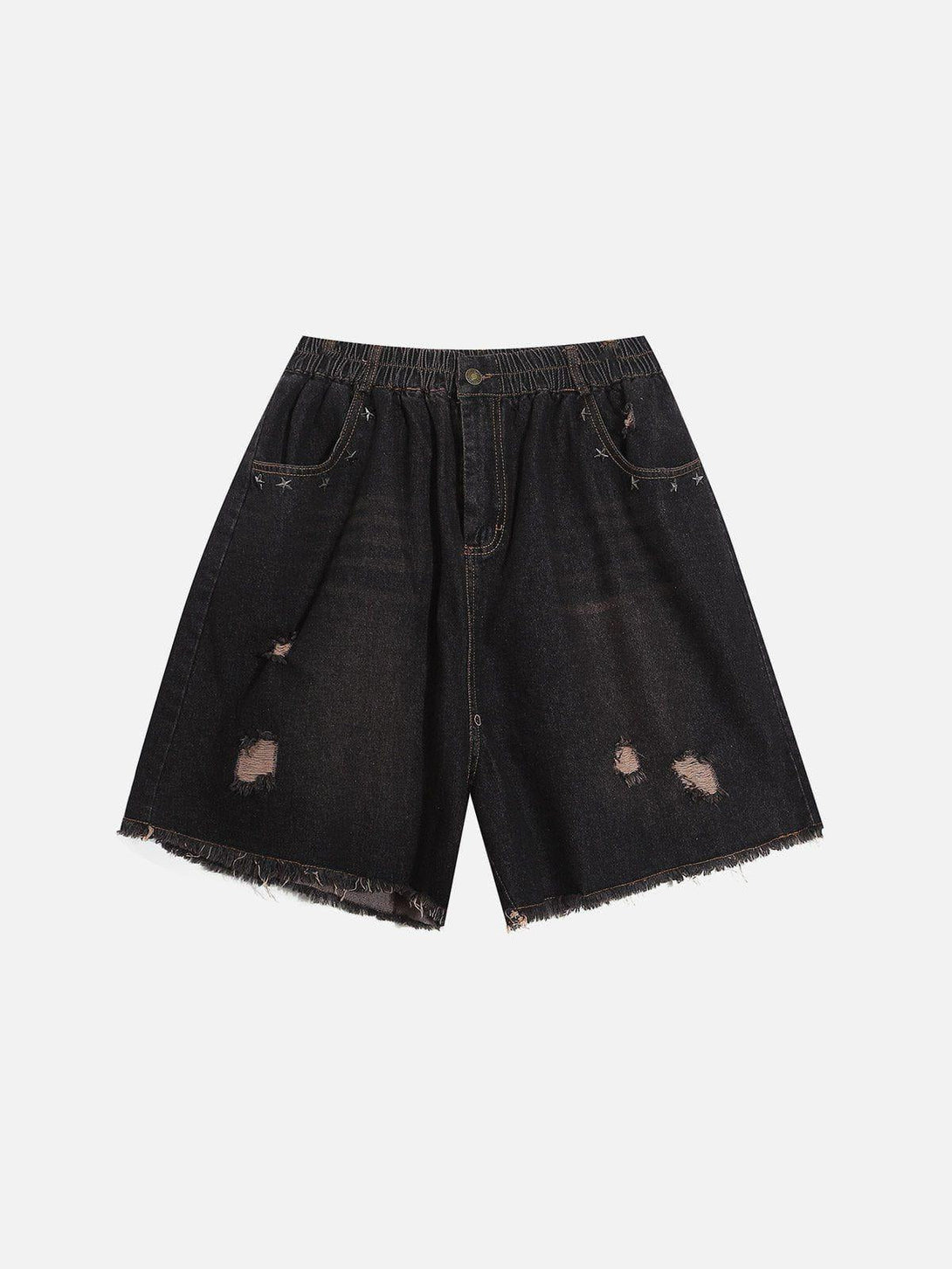 Front view of black distressed washed jorts by TALISHKO, perfect for a laid-back summer vibe.
