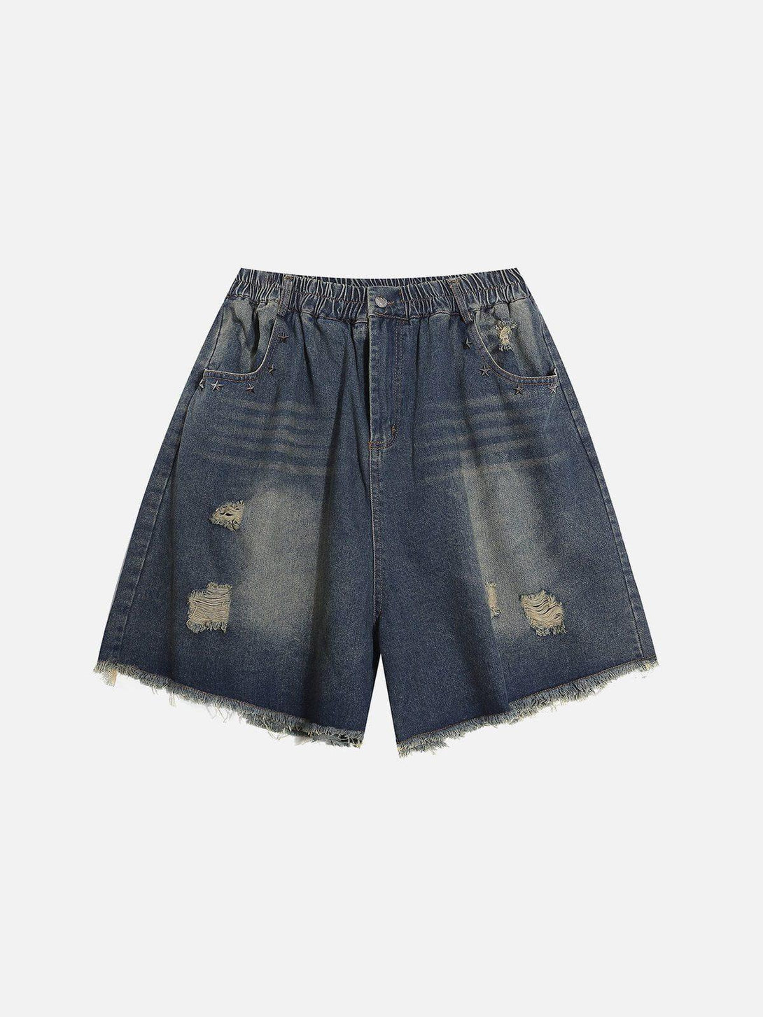 Front view of blue distressed washed jorts by TALISHKO, showcasing a relaxed summer style.