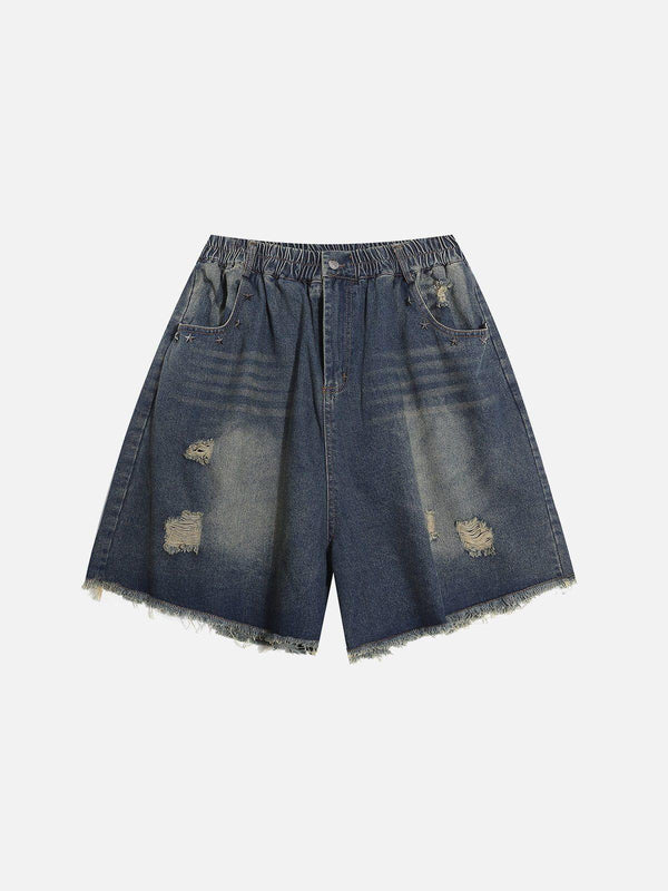 Front view of blue distressed washed jorts by TALISHKO, showcasing a relaxed summer style.