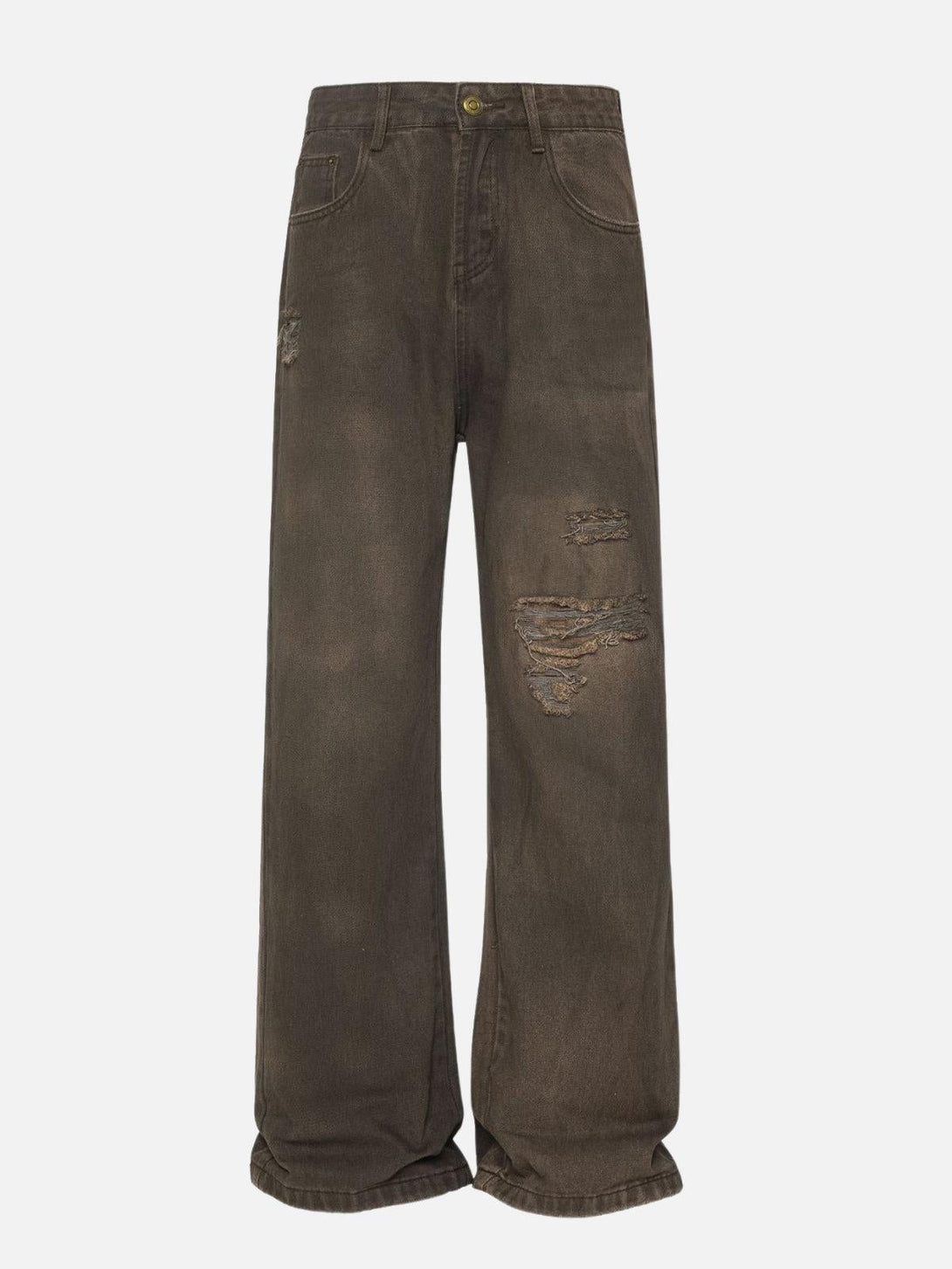 Front view of TALISHKO brown distressed washed jeans, perfect for a laid-back urban style.