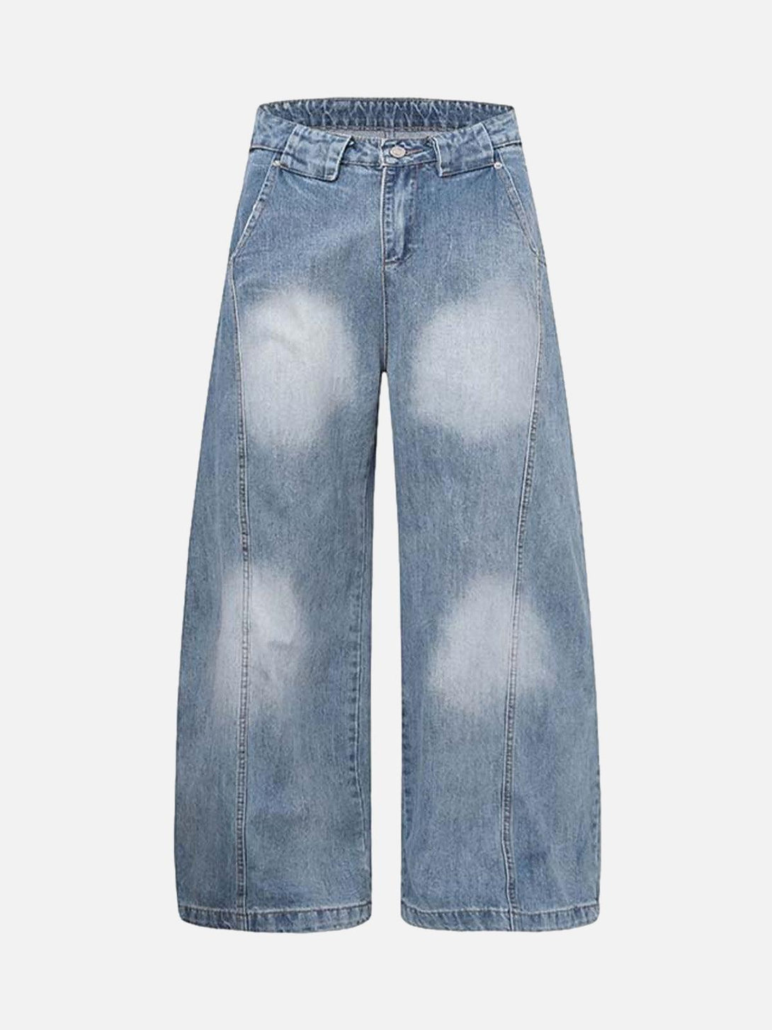 Front view of TALISHKO blue distressed barrel jeans, showcasing a relaxed, deconstructed style.
