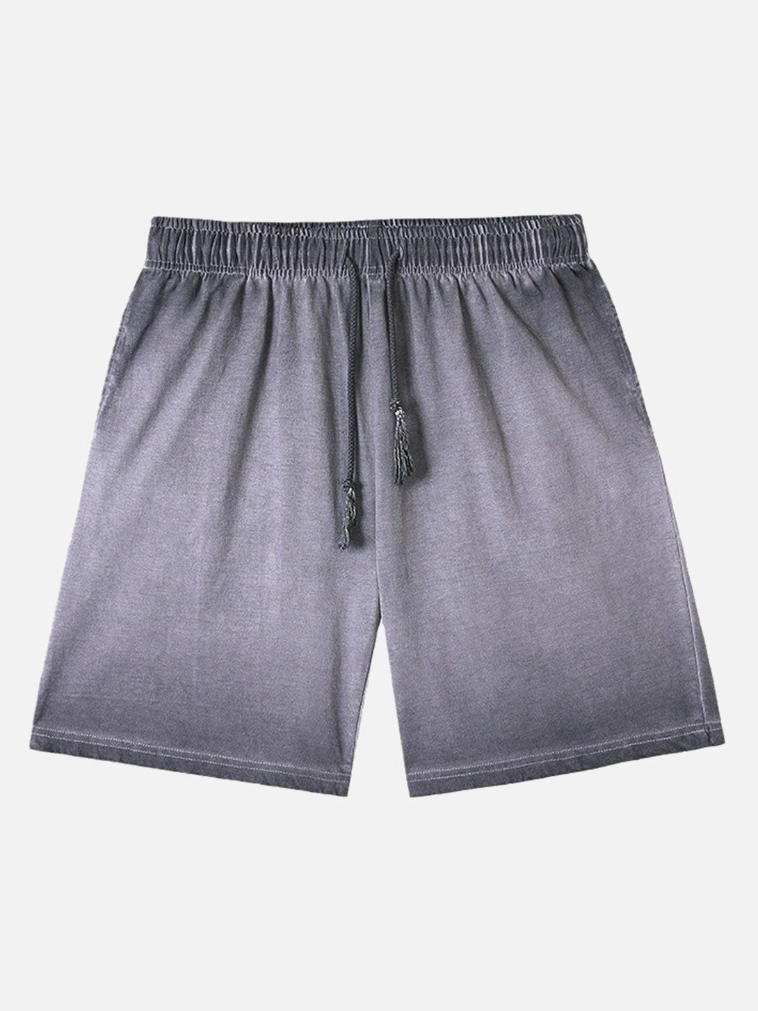Front view of gray drawstring shorts by TALISHKO, featuring a relaxed, distressed look.