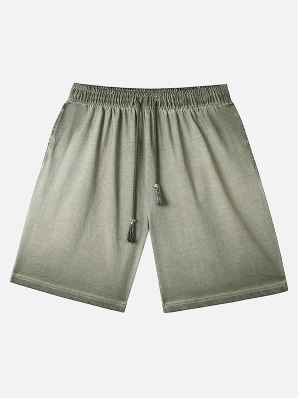 Olive drawstring shorts by TALISHKO, featuring a relaxed fit and distressed washed design.