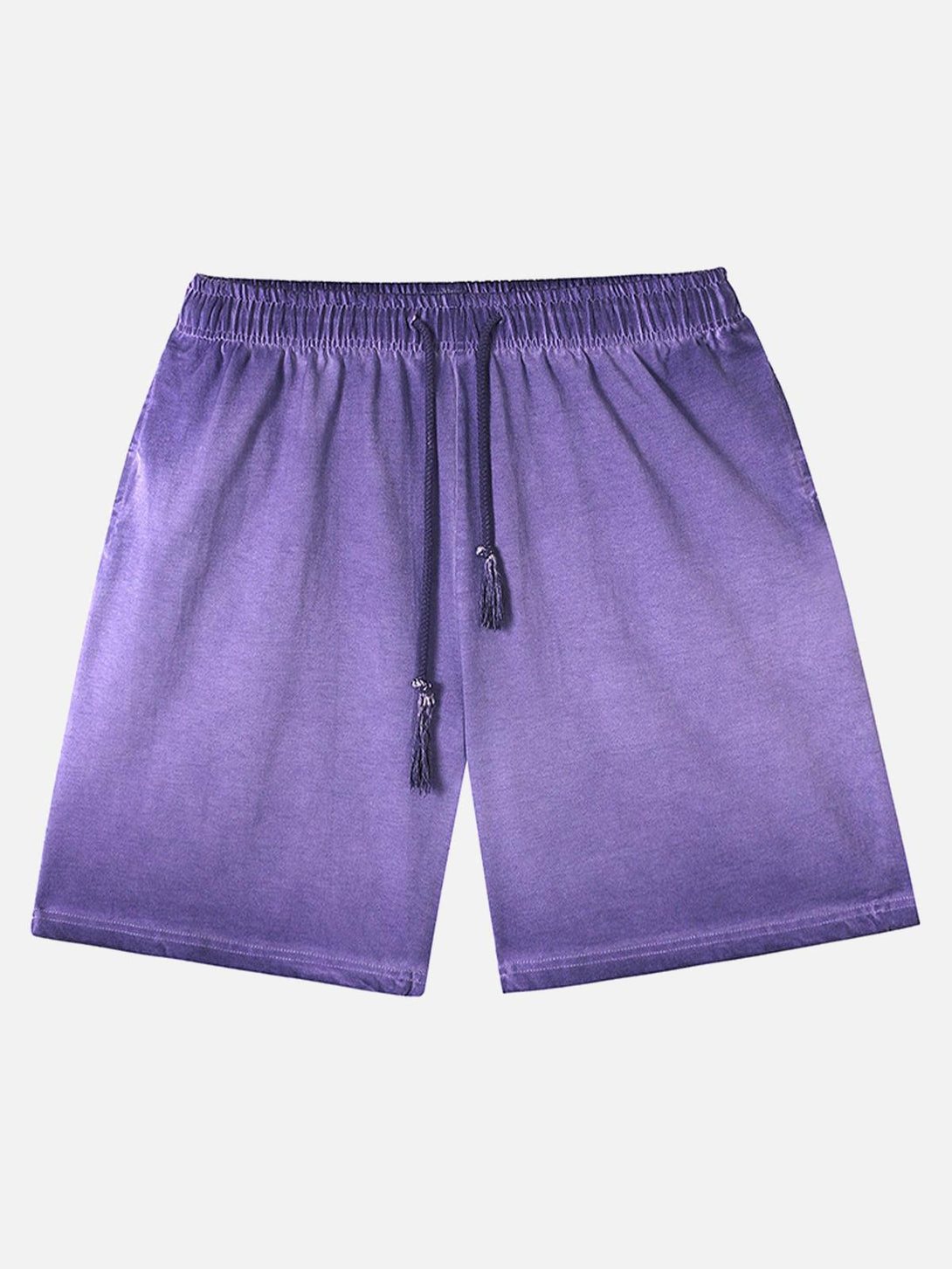 Front view of purple drawstring shorts by TALISHKO, offering a relaxed, washed design.
