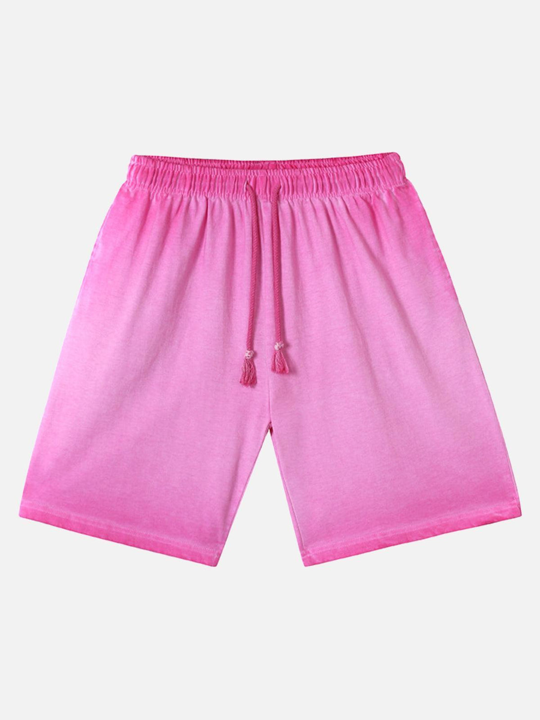 Front view of rose drawstring shorts by TALISHKO, showcasing a relaxed, washed design.