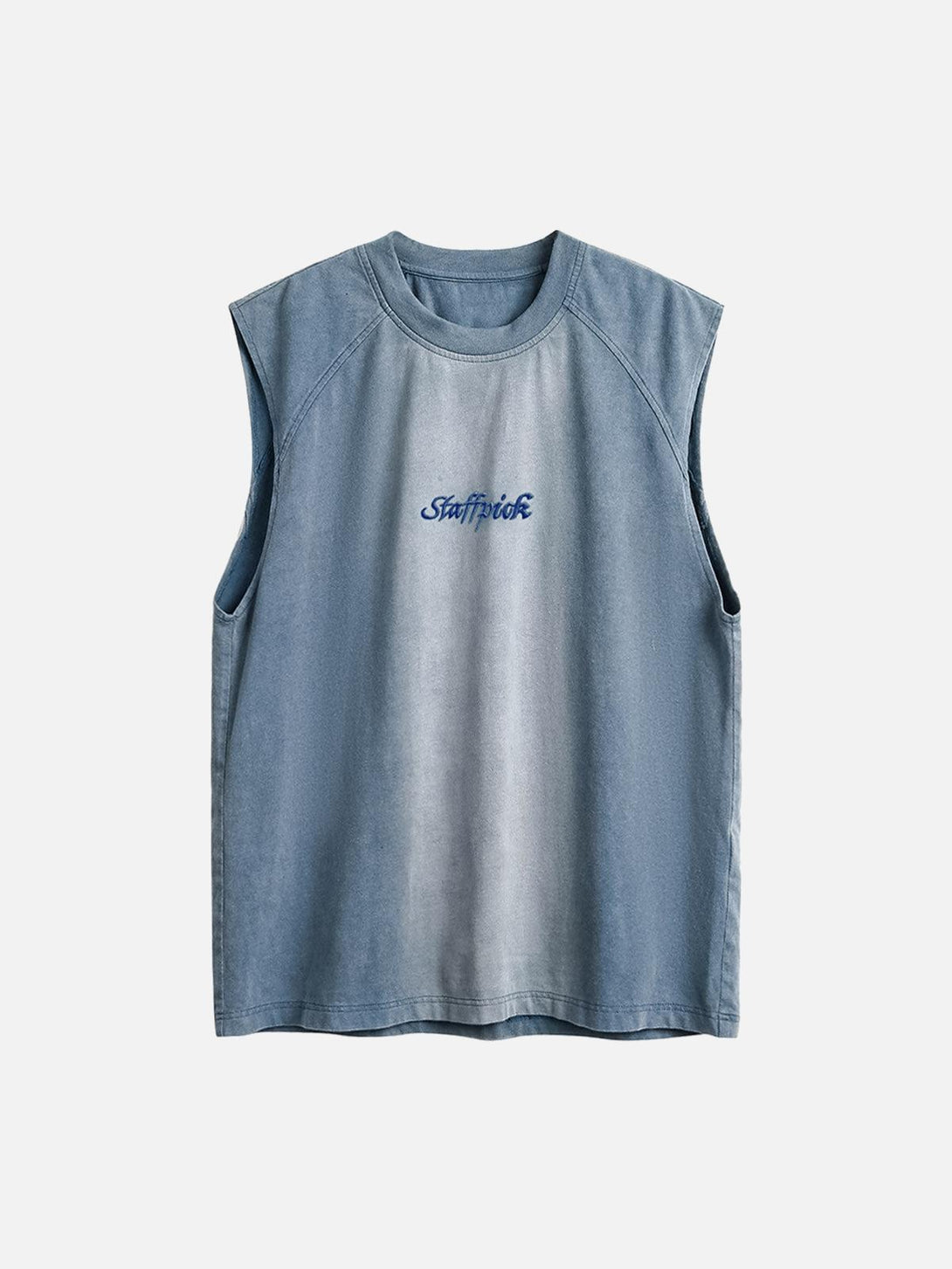 Front view of a blue gradient vest by TALISHKO, featuring distressed wash and embroidery.