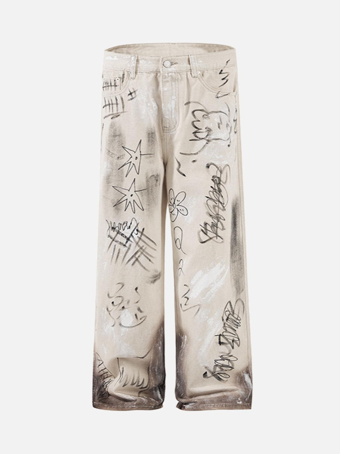 Light brown baggy jeans with graffiti print by TALISHKO, showcasing a relaxed street style.