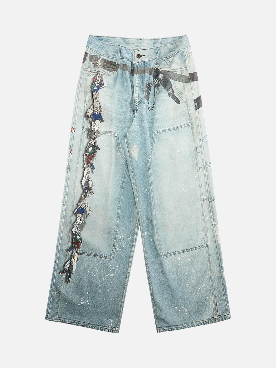 Front view of blue baggy jeans with chain print and ink-splashed design by TALISHKO.