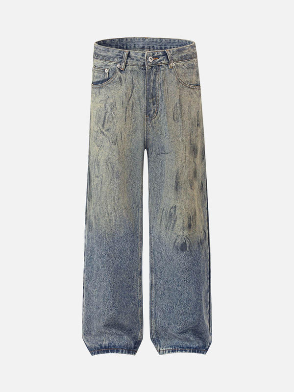 Front view of TALISHKO blue distressed straight jeans with a unique washed ink-splashed design.