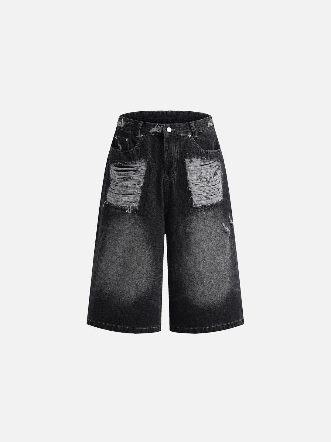Front view of TALISHKO distressed black jorts, showcasing a washed, edgy summer style.