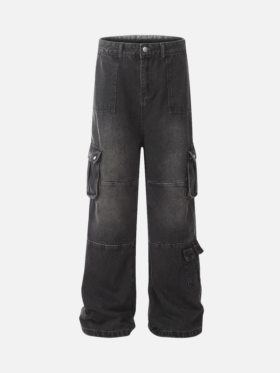 Front view of black TALISHKO cargo jeans with a distressed look and multiple pockets.