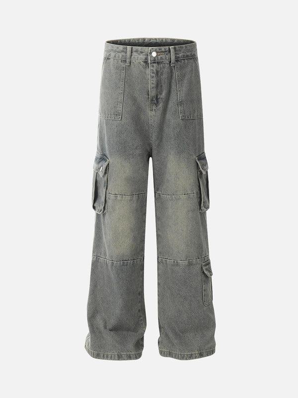 Front view of gray TALISHKO cargo jeans with distressed wash and multiple pockets for urban style.