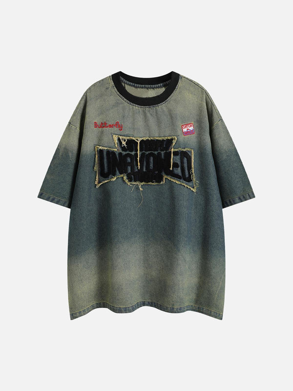 Front view of a green gradient denim T-shirt by TALISHKO, featuring distressed patchwork design.