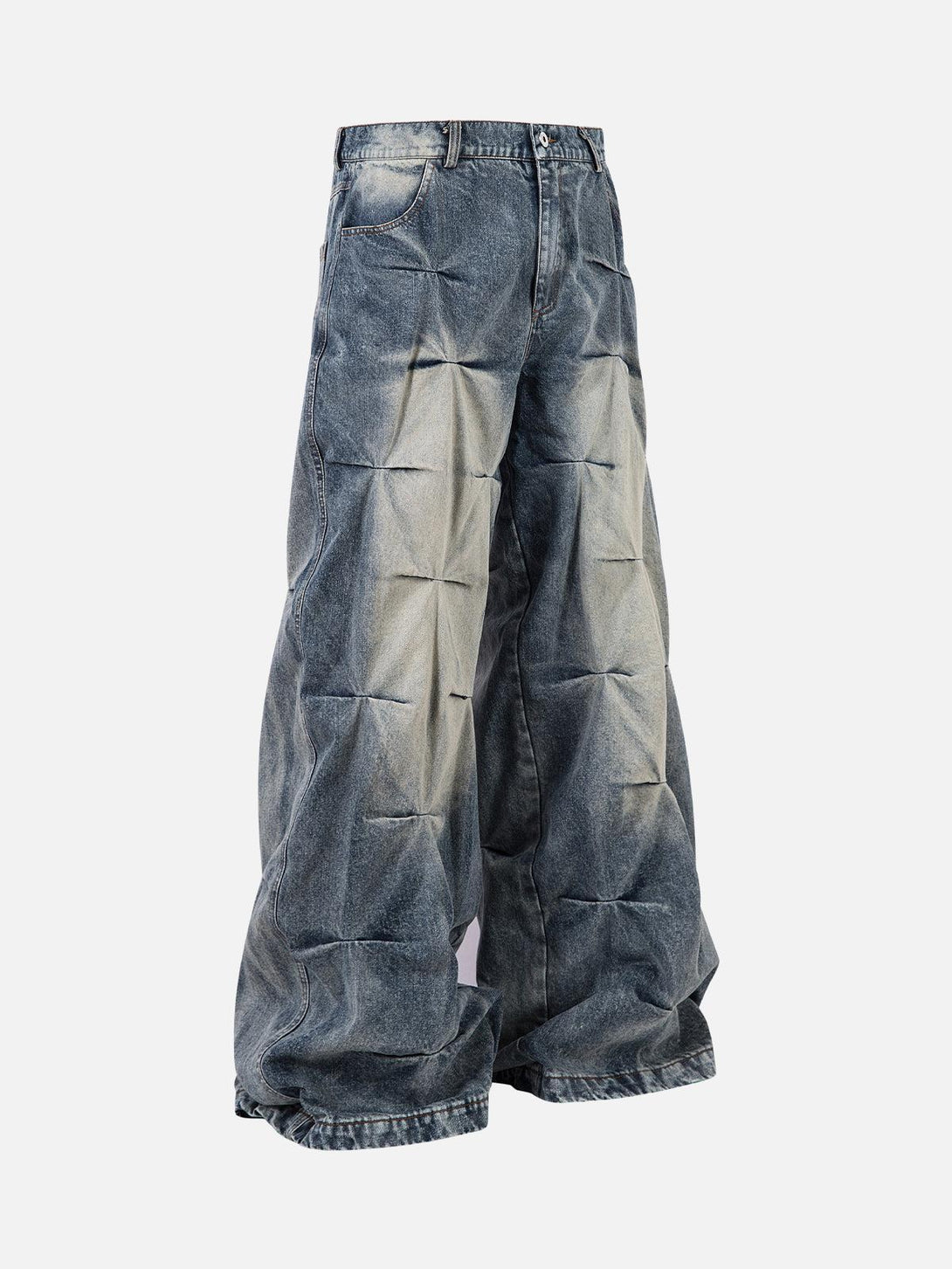 Front view of blue distressed washed pleated jeans by TALISHKO, perfect for bold street style.