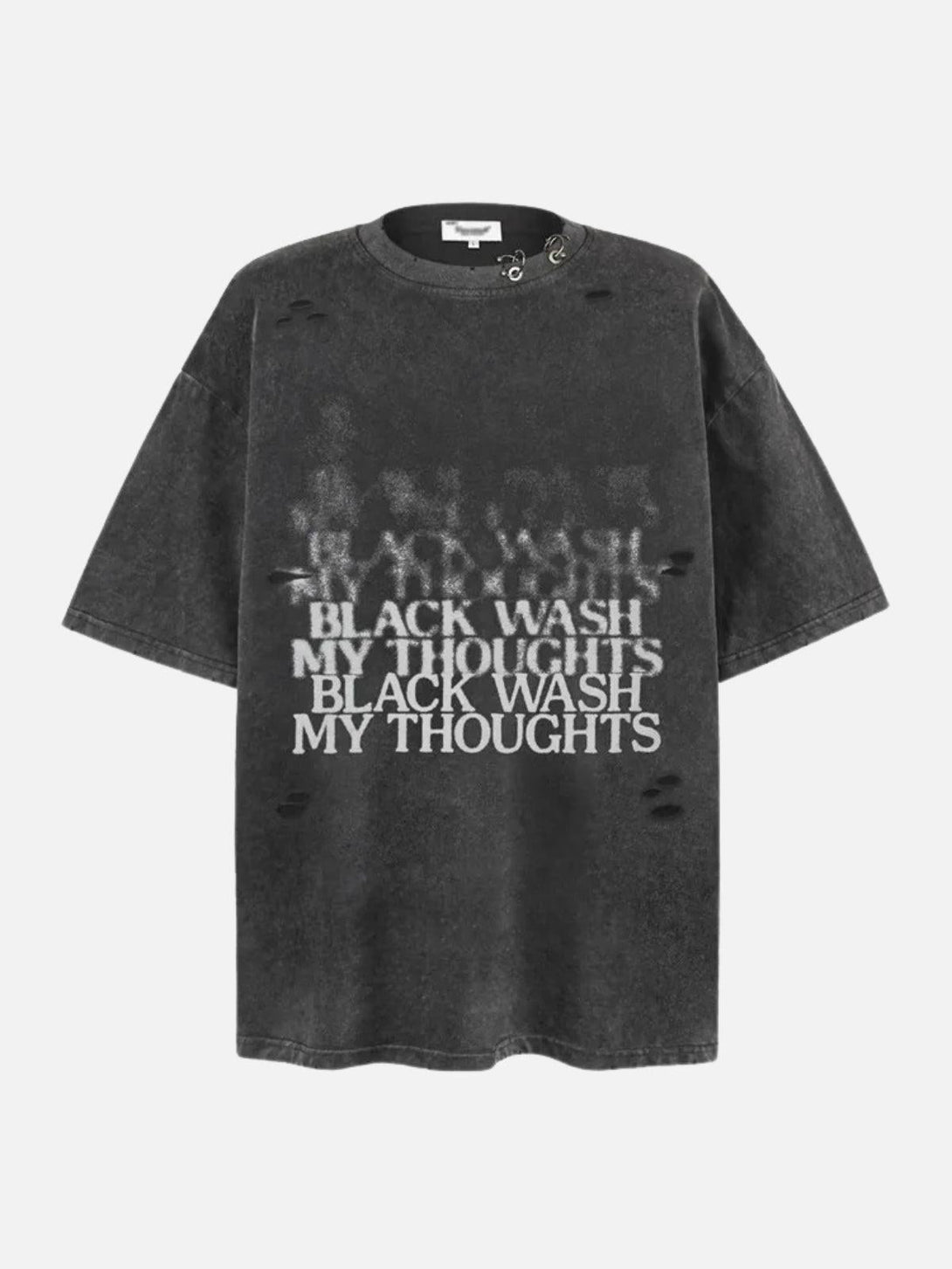 Front view of TALISHKO's black distressed tee with bold white text and unique ripped accents.