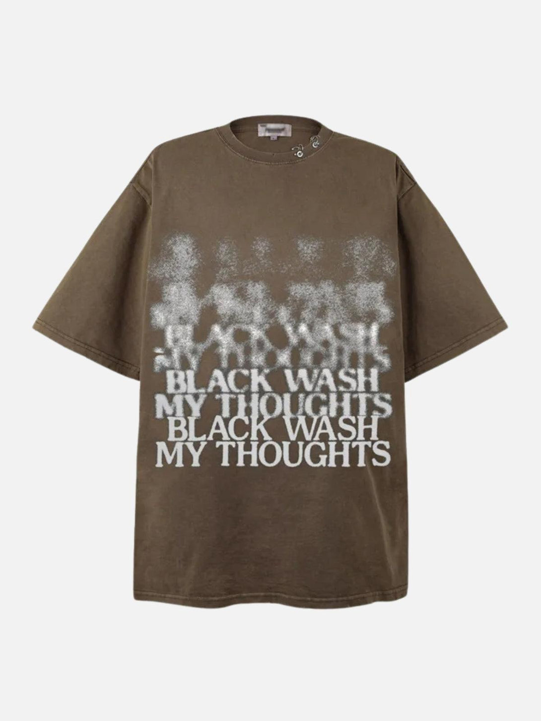 Brown distressed tee with white text by TALISHKO, shown in a front view.
