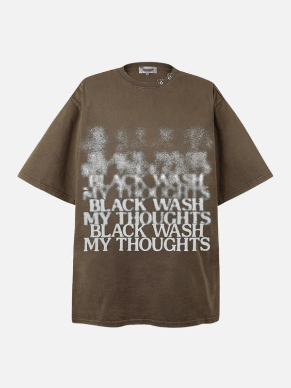 Brown distressed tee with white text by TALISHKO, shown in a front view.