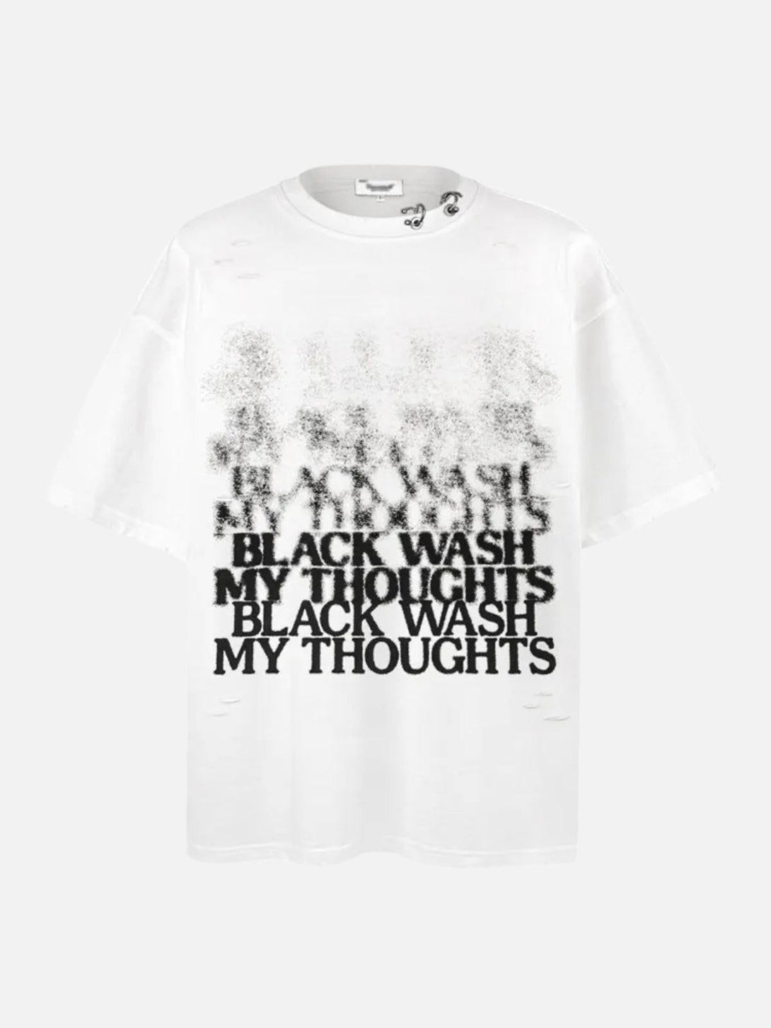 Front view of TALISHKO's white distressed tee with bold black text, perfect for casual style.