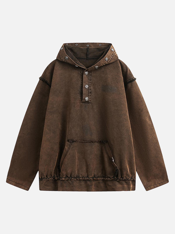 Front view of a brown distressed hooded sweatshirt by TALISHKO, featuring rivet details.