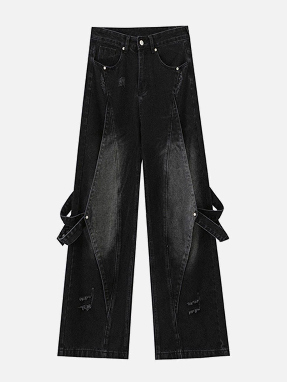 Front view of black distressed jeans with unique stitching, perfect for urban style by TALISHKO.