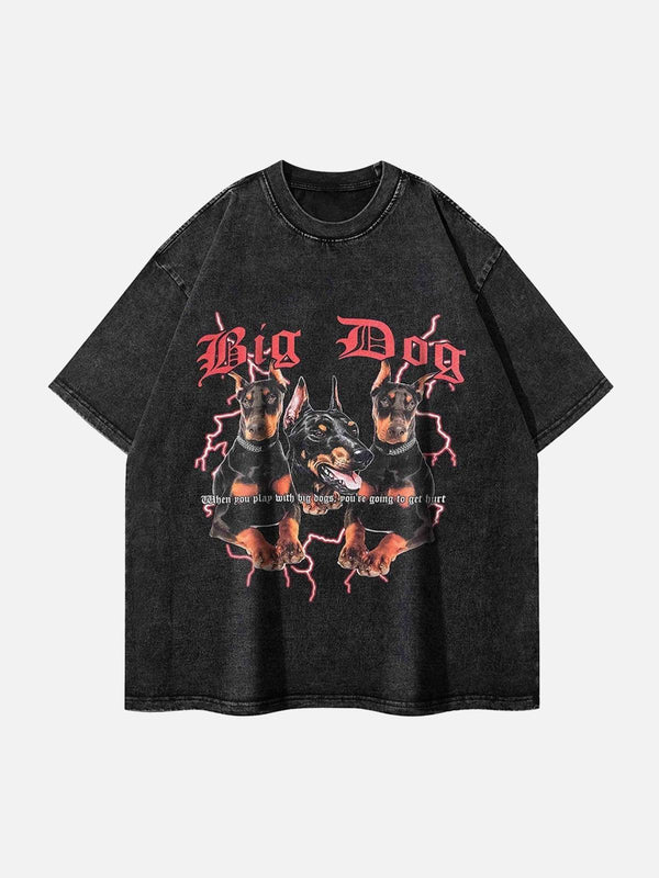 Front view of black washed-out T-shirt with Doberman print, designed by TALISHKO.